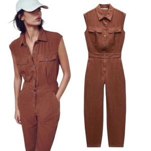 ZARA Rust Sleeveless Button-Up Jumpsuit size small